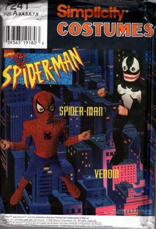 Simplicity 7241 Retro 90's Sewing Pattern Official Marvel Comics Spiderman, Nemesis Venom Costume Jumpsuits, Hoods Child Size 3-8