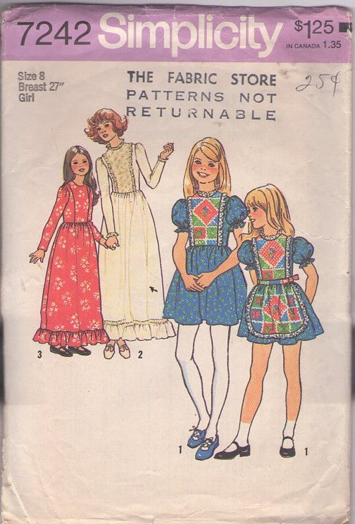 Simplicity 7242 Vintage 70's Sewing Pattern Girl's Dresses, Formal Victorian Gunne Sax Style Maxi Gown, Puff Sleeve Party Dress & Apron, Contrast Bib Size 8
