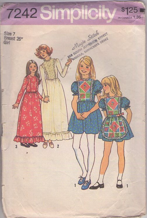 Simplicity 7242 Vintage 70's Sewing Pattern Girl's Dresses, Formal Victorian Gunne Sax Style Maxi Gown, Puff Sleeve Party Dress & Apron, Contrast Bib Size 7