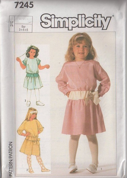 Simplicity 7245 Vintage 80's Sewing Pattern Girl's Dress Set, Cottagecore, Contrast Drop Waist, Hip Yoke Modest Party Dress, 3 Styles Size 3-5