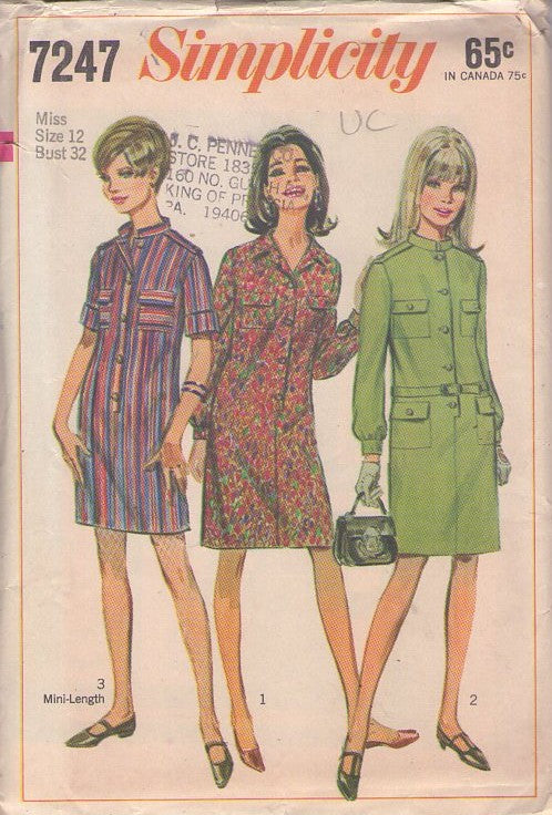 Simplicity 7247 Vintage 60's Sewing Pattern Mod Dresses, Get Smart Agent 99, Nehru Collar Step In Button Front Dress, 3 Styles Size 12