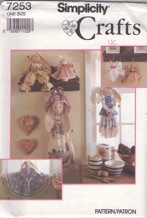 Simplicity 7253 Vintage 90's Sewing Pattern Primitive Crafts, Country Folk Art Easter Bunny Rabbit Draft Dodger Doll, Mop Rag Ornaments, Hand Towel One Size
