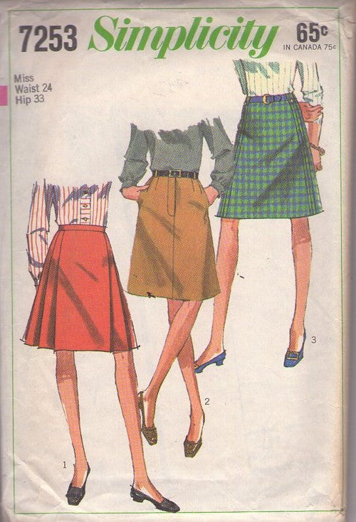 Simplicity 7253 Vintage 60's Sewing Pattern Mod Skirts, Pleated Kilt Style or Fly Front A-Line Skirt Set 3 Styles Waist 24 Size S