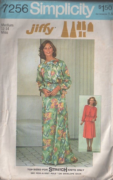 Simplicity 7256 Vintage 70's Sewing Pattern Easy Separates, Jiffy Hostess Lounge Ensemble, Knits Strapless Tube Top, Peplum Jacket Blouse, Skirt in 2 Lengths Size M