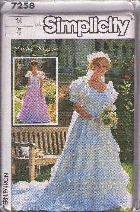 Simplicity 7258 Vintage 80's Sewing Pattern Wedding Gowns, Designer Michele Piccione, Puffy Tiered Skirt Wedding Dress, Retro Formal Prom Party Gown Size 14