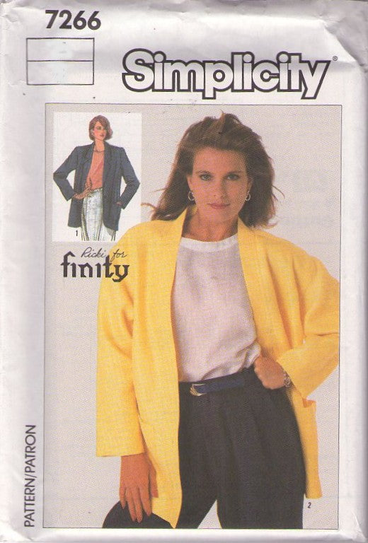 Simplicity 7266 Vintage 80's Sewing Pattern Jacket Set, Designer, Ricki For Finity, Oversized Boxy Blazer Jacket Size 10