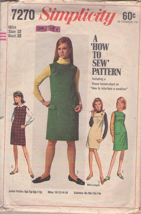 Simplicity 7270 Vintage 60's Sewing Pattern Mod Jumpers, Easy How to Sew Yoked Jumper, Day Dress Size 12 Bust 32