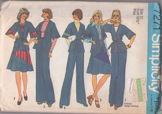 Simplicity 7271 Vintage 70's Sewing Pattern Boho Separates, Bias Inset Patchwork Diagonally Seamed Skirt, Pants, Drop Sleeve Kimono Wrap Around Jacket Size 10