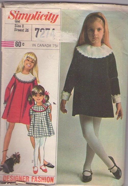 Simplicity 7274 Vintage 60's Sewing Pattern Girl's Dress, Mod Designer Fashion, Flared Short Mini Brady Bunch Platter Collar School Dress, 2 Styles Size 8
