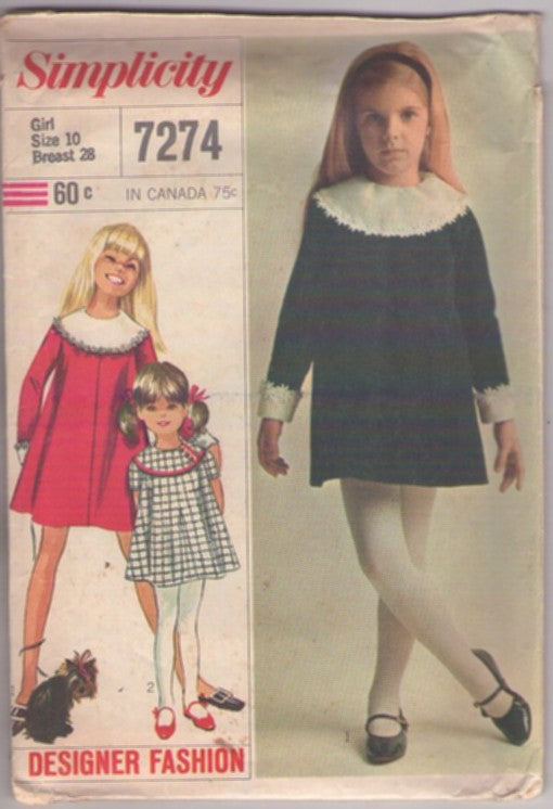 Simplicity 7274 Vintage 60's Sewing Pattern Girl's Dress, Mod Designer Fashion, Flared Short Mini Brady Bunch Platter Collar School Dress, 2 Styles Size 10