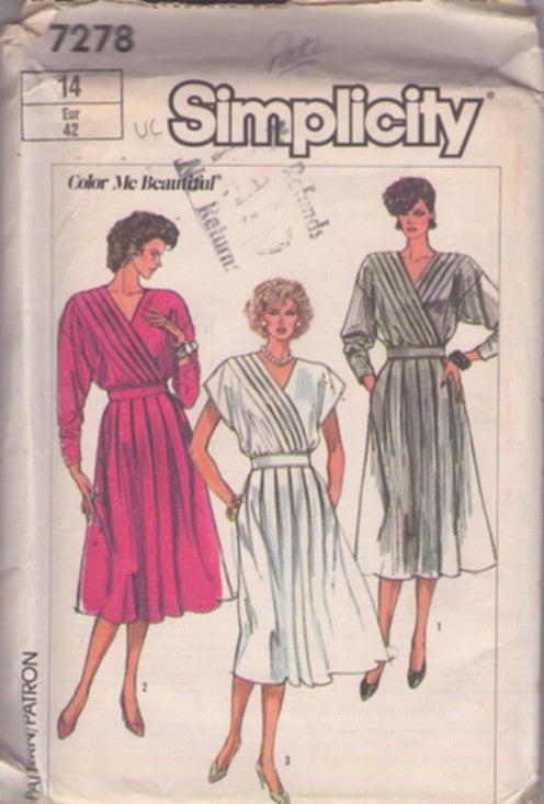 Simplicity 7278 Vintage 80's Sewing Pattern Career Dress Set, Color Me Beautiful Pleats Surplice Cross Bodice Flared Skirt Secretary Day Dress 3 Styles Size 14
