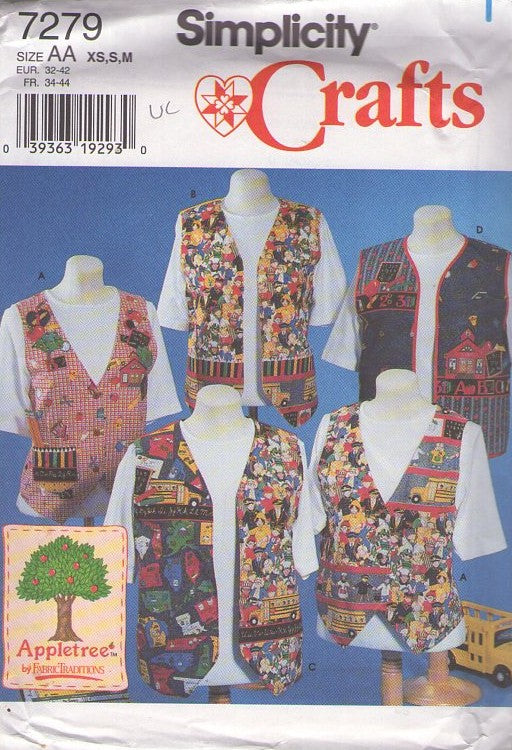 Simplicity 7279 Retro 90's Sewing Pattern Crafts Vests, Farmcore, Cottagecore DIY Wearable Art Appletree Novelty Print School Teacher Vest Set Size XS-M