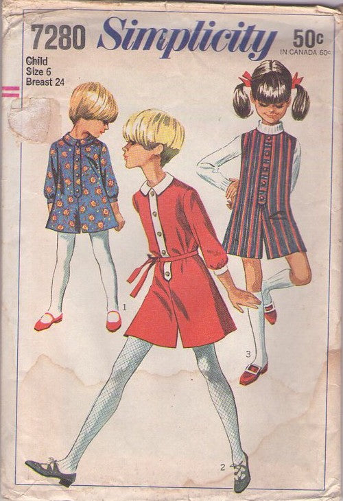 Simplicity 7280 Vintage 60's Sewing Pattern Girl's Mod Rompers, Twiggy Step In Pantjumper, Pantdress, Split Shorts Jumpsuit Romper Size 6