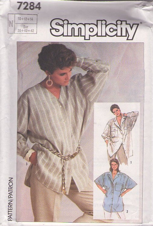Simplicity 7284 Vintage 80's Sewing Pattern Loose Blouses, New Wave, Grunge Era Big Oversized Loose Shirt, Blouse, Over the Hips 3 Styles Size 12-16
