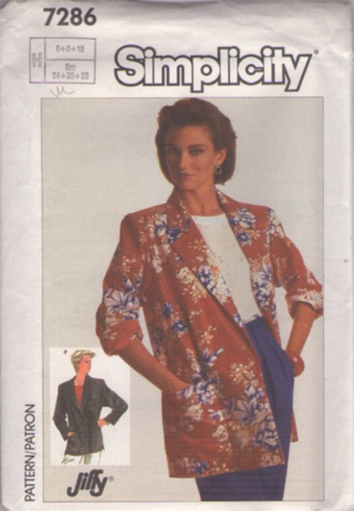 Simplicity 7286 Vintage 80's Sewing Pattern Grunge Blazer, New Wave Oversized Boyfriend Blazer, Jiffy Jacket Size 6-10