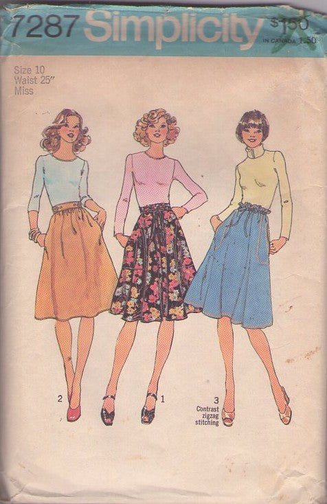 Simplicity 7287 Vintage 70's Sewing Pattern Boho Skirt Set, Waistband, Bias, Wrap Around 3 Styles Size 10