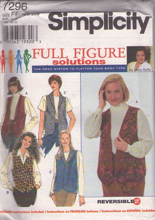 Simplicity 7296 Vintage 90's Sewing Pattern Full Figure Solutions, Vest, Sleeveless Jacket Set Size 18W-24W