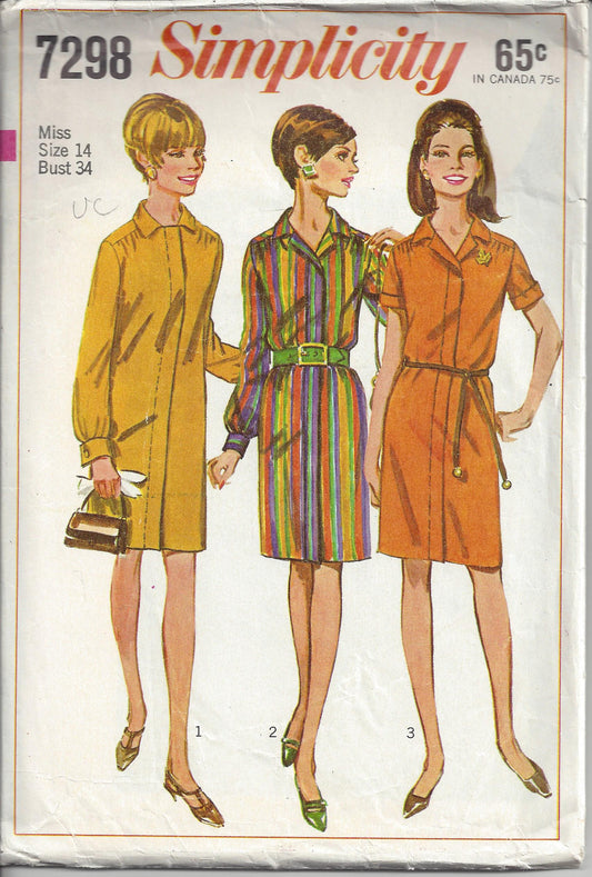 Simplicity 7298 Vintage 60's Sewing Pattern Mod Dress Set, Housewife Styles, Hidden Front Button Band Straight Fitting Day Dress, 3 Styles Size 14
