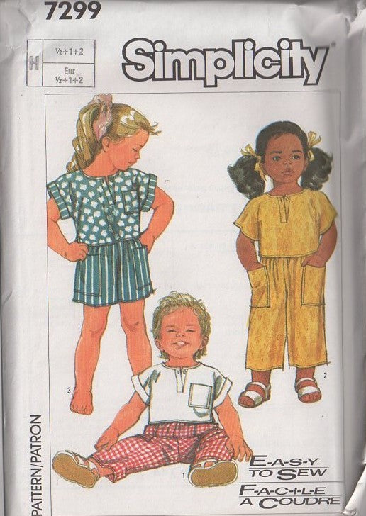 Simplicity 7299 Vintage 80's Sewing Pattern Baby Separates, Toddler Girl's Cap Sleeve Tshirt Top, Shorts & Capri Pants Size 1/2-2
