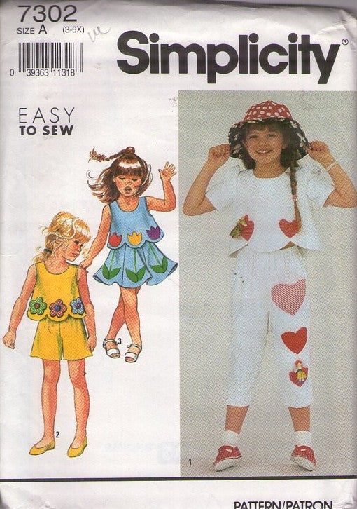 Simplicity 7302 Vintage 90's Sewing Pattern Girl's Summer Separates, Scalloped Top, Skirt, Shorts, Capri Pants, Appliques Trim Size 3-6X