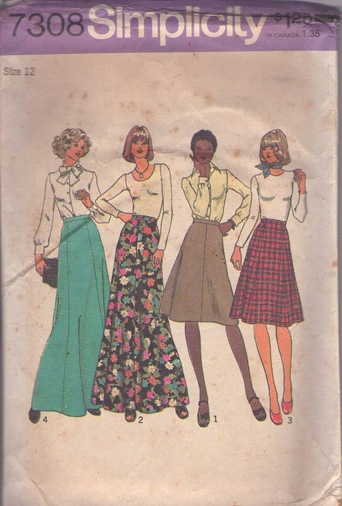 Simplicity 7308 Vintage 70's Sewing Pattern Flared Skirts, Panel Cut Regular or Maxi Length Skirt Set, 4 Styles Size 12