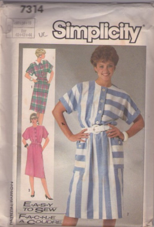 Simplicity 7314 Vintage 80's Sewing Pattern Secretary Dress, Easy Brat Pack, Kimono Sleeves, Elasticized Waist, Pockets 3 Styles Size 12-16