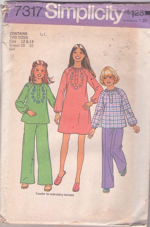 Simplicity 7317 Vintage 70's Sewing Pattern Girls' Raglan Sleeve Schol Dress, Shirt, Pants, Embroidery Trim Size 12-14