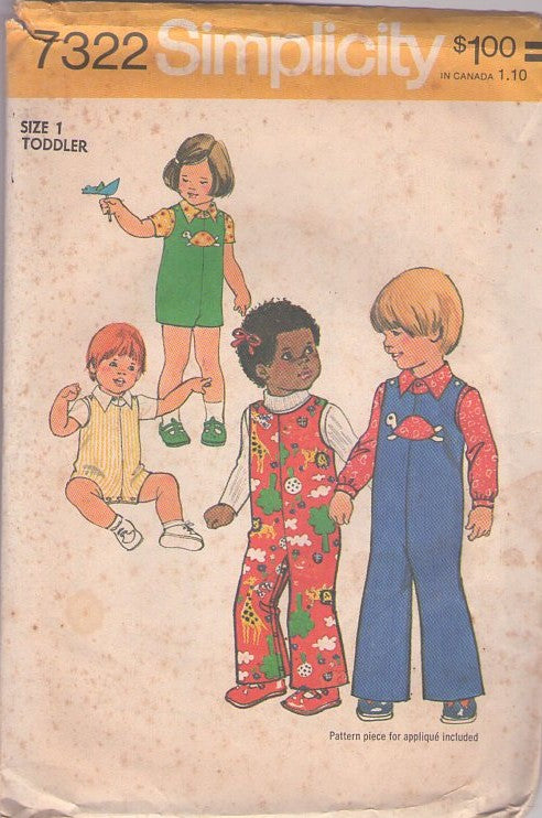 Simplicity 7322 Vintage 70's Sewing Pattern Boys' & Girl's Play Set, Jumpsuit, Snap Crotch Sunsuit, Romper, Overalls Size 1