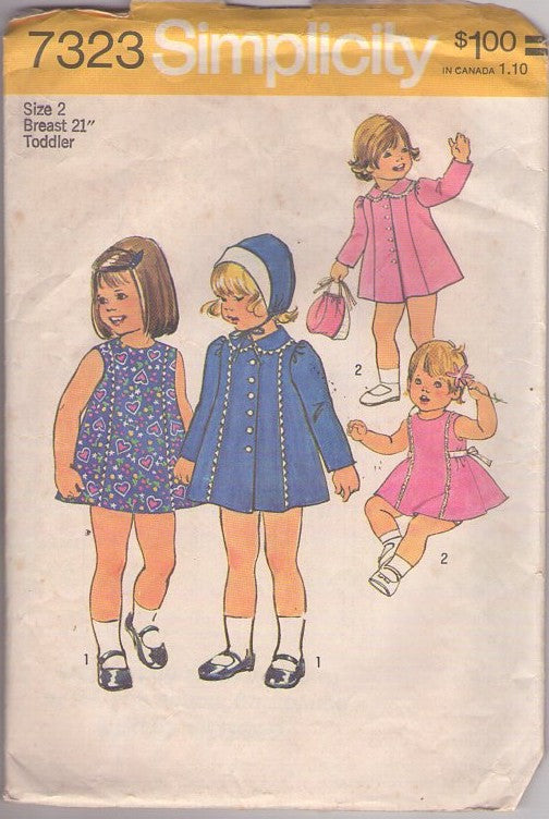 Simplicity 7323 Vintage 70's Sewing Pattern Toddlers' Coat, Dress, Hat Set, Ruffle or Rick Rack Trim Summer Tie Back Short Dress, Flared Coat, Brim Tie Under Chin Hat, Cap Size 2