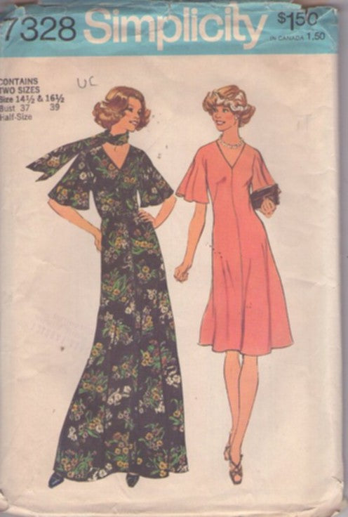 Simplicity 7328 Vintage 70's Sewing Pattern Minimalist Disco Party Dress, Flutter Sleeves, Half Size 14.5-16.5