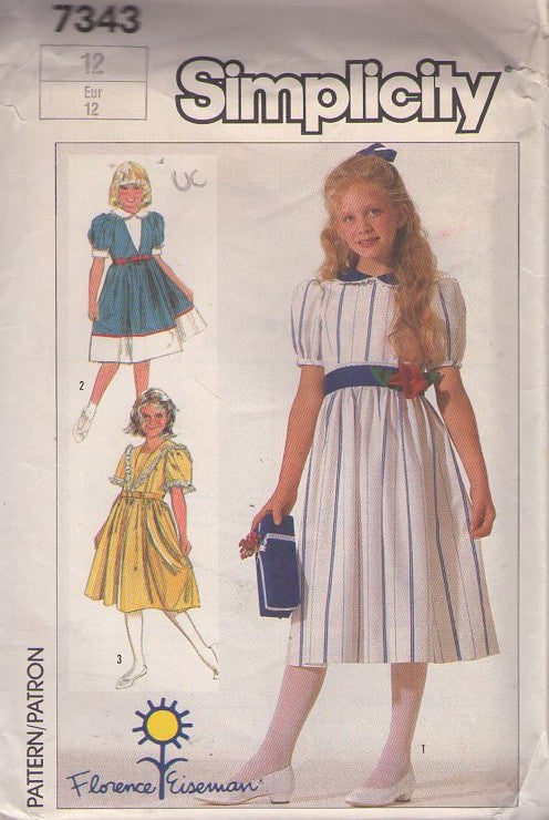 Simplicity 7343 Vintage 80's Sewing Pattern Girl's Dresses, Designer Florence Eiseman Modest Teen First Dancy Party Dress Set, Contrast Bands, Peter Pan Collar 3 Styles Size 12