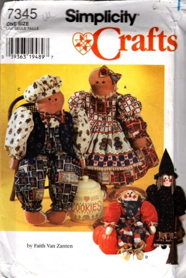 Simplicity 7345 Retro 90's Sewing Pattern Holiday Rag Doll Set, Halloween, Thanksgiving, Christmas, Gingerbread, Scarecrow, Witch Dolls OZ