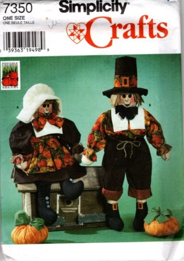 Simplicity 7350 Retro 90's Sewing Pattern Whimsical Stuffed Rag Dolls, Poppyfield Dreams Pilgrim Thanksgiving Doll Set OZ