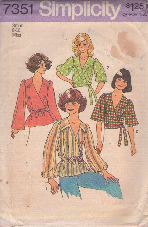 Simplicity 7351 Vintage 70's Sewing Pattern Wrap Around Top, Wrap Blouse Set, 2 Styles Size S 8-10