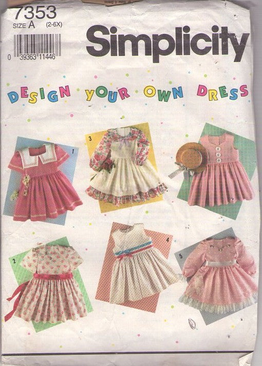 Simplicity 7353 Vintage 90's Sewing Pattern Girl's Fancy Dresses, Design Your Own Dress Collar, Sleeve & Skirt Options, Cottagecore, School, Party Size 2-6X