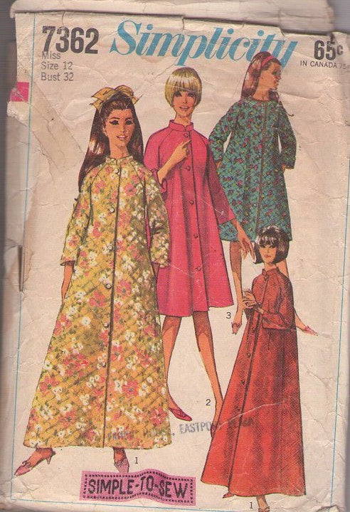 Simplicity 7362 Vintage 60's Sewing Pattern Robe Set, Nehru Stand Up Collar, Flared, Button Front, 2 Lengths, Quilted House Coats Size 12