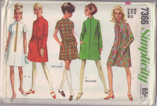 Simplicity 7366 Vintage 60's Sewing Pattern Mod Dress Set, Twiggy Space Age, Flared Tent Dress, Party or Daytime, 5 Styles Size 14