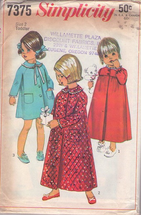 Simplicity 7375 Vintage 60's Sewing Pattern Girl's Robes, Nightgown Set, Modest, Peter Pan Collar or Lace, Quilted 3 Styles Size 2