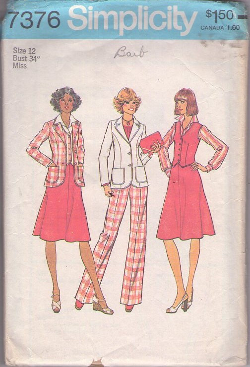 Simplicity 7376 Vintage 70's Sewing Pattern Retro Secretary, Blazer Jacket with Pockets & Princess Seams, Vest, Flared A-Line Skirt & Slacks Size 12 CUT