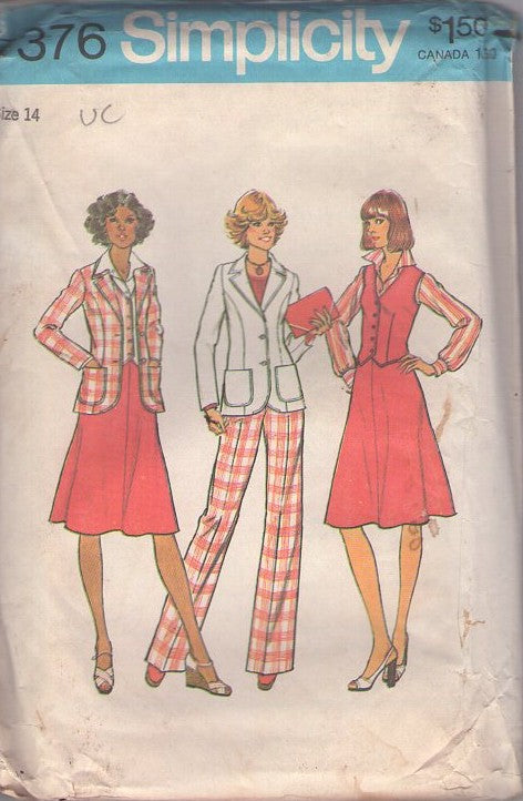 Simplicity 7376 Vintage 70's Sewing Pattern Secretary Separates, Blazer Jacket with Pockets & Princess Seams, Vest, Flared A-Line Skirt & Slacks Size 14