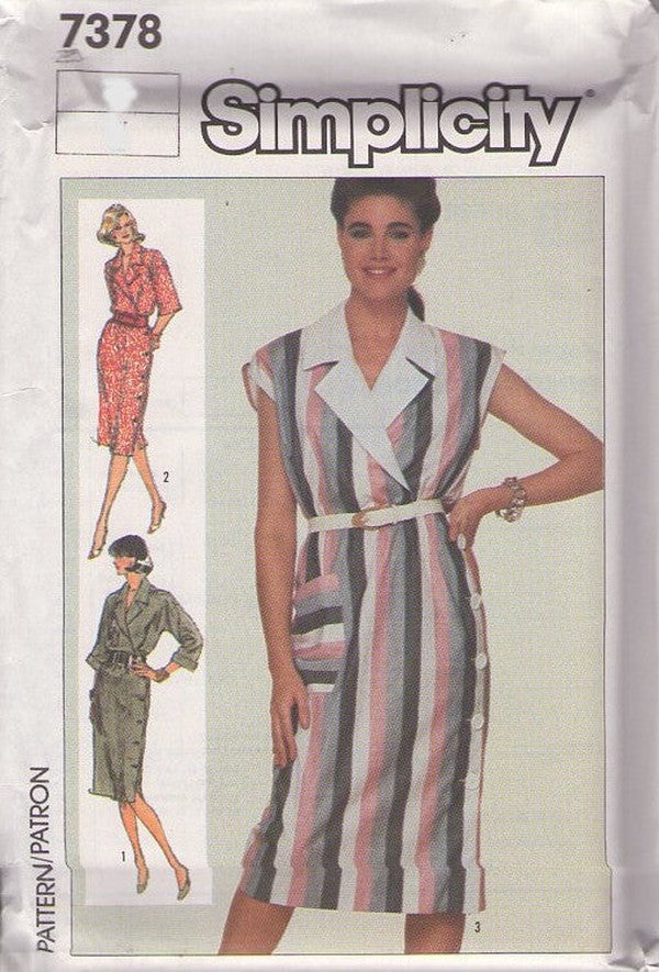 Simplicity 7378 Vintage 80's Sewing Pattern Secretary Dress, Skirt with Side Buttons Surplice Bodice Dress, 3 Sleeves Size 12