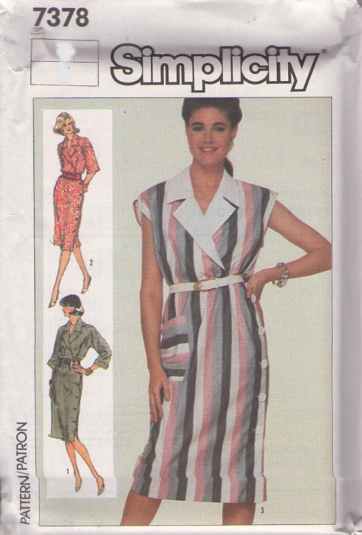 Simplicity 7378 Vintage 80's Sewing Pattern Secretary Dress, Skirt with Side Buttons Surplice Bodice Dress, 3 Sleeves Size 12