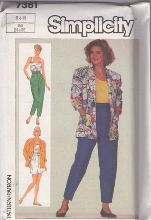 Simplicity 7381 Vintage 80's Sewing Pattern Brat Pack Separates, Scoop Neck Tank Top, High Rise Waist Tapered Cropped Pants, Cuffed Shorts & Oversize Shirt Jacket Size 6-8