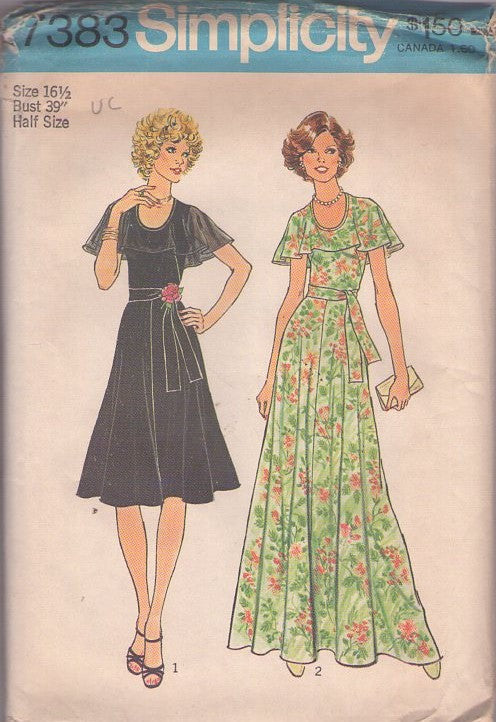 Simplicity 7383 Vintage 70's Sewing Pattern Disco Cocktail Party Dress, Formal Prom Garden Tea Gown Shoulder Capelet Size 16.5