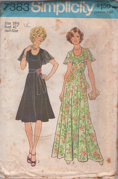 Simplicity 7383 Vintage 70's Sewing Pattern Disco Cocktail Party Dress, Formal Prom Garden Tea Gown Shoulder Capelet Size 18.5