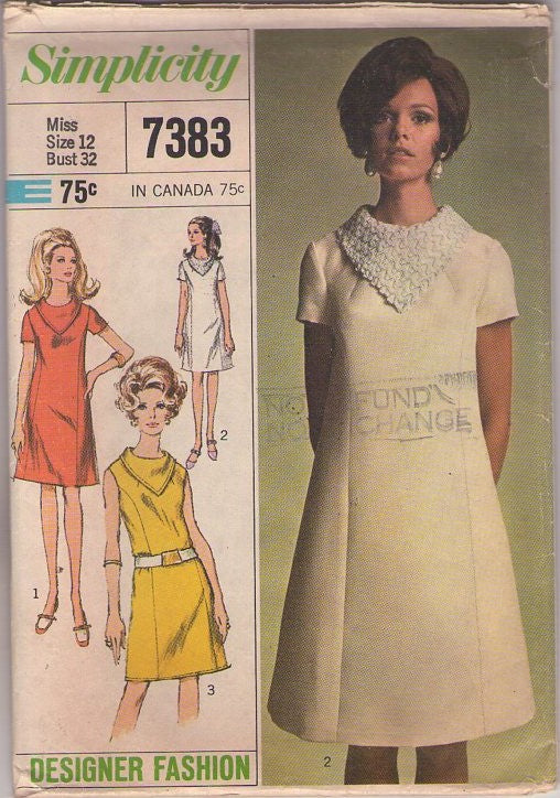 Simplicity 7383 Vintage 60's Sewing Pattern Designer Fashion Dresses, Mod Space Age Twiggy Princess Seams Cocktail Party Dress, Jewel Collar, Contour Belt Size 12