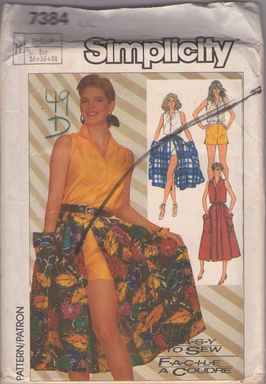 Simplicity 7384 Vintage 80's Sewing Pattern Summer Separates, Collared Sleeveless Shirt, Blouse, Side Slit Shorts, 50s Style Full Cover Up Front Buttoned Skirt, HUGE Pockets Size 6-10