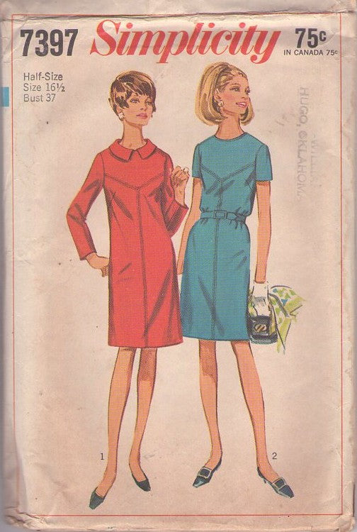 Simplicity 7397 Vintage 60's Sewing Pattern Mod Dress Set, Y Stitch Trim Retro Stewardess, Air Hostess Day Dress Set Size 16.5