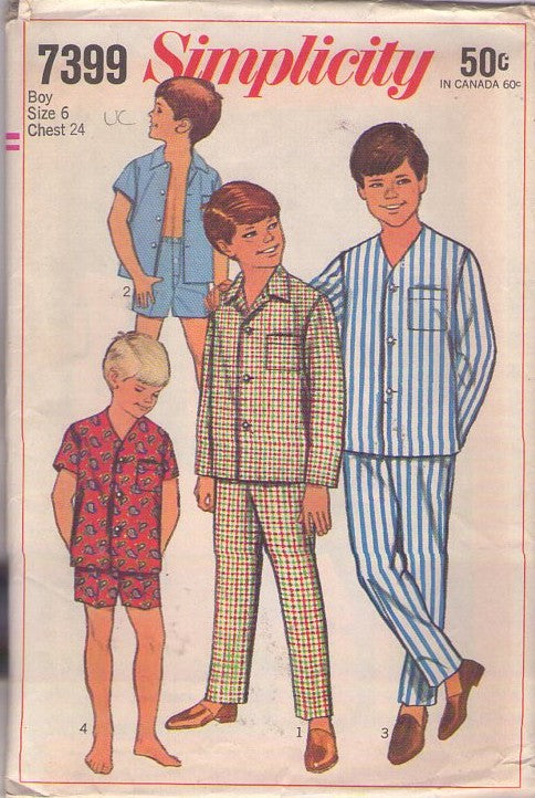 Simplicity 7399 Vintage 60's Sewing Pattern Boys' Pajamas, Leave it to Beaver Boys' Summer & Winter Styles, Shirt Top, Button Front Boxers Shorts, Pants Size 6