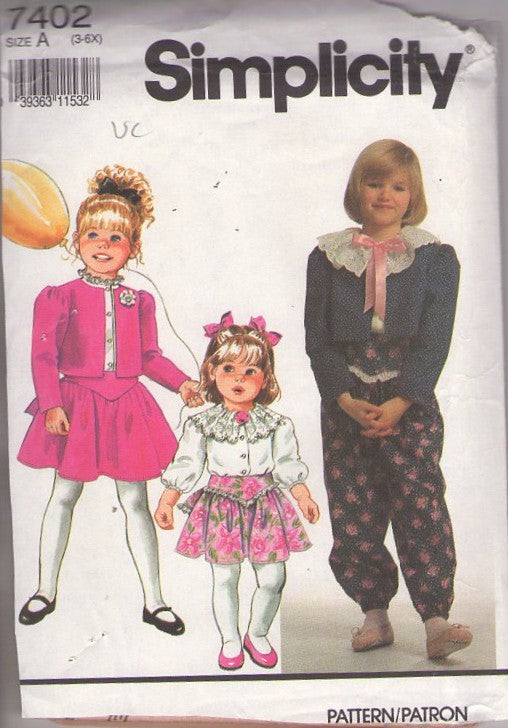 Simplicity 7402 Vintage 90's Sewing Pattern Girl's Separates, Berries & Cream, Victorian Cottagecore Style Ruffled Lace Collar Blouse, Cropped Jacket, Basque Waist Yoked Flared Skirt & Pants Size 3-6X